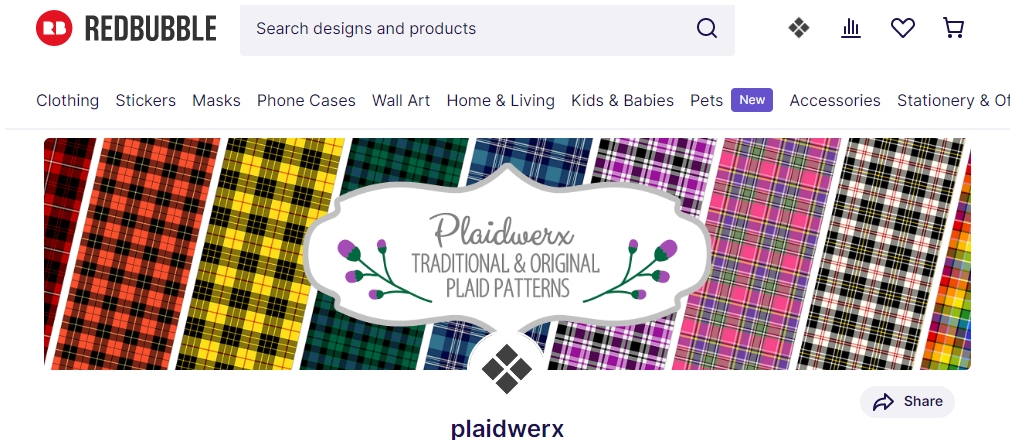 Screenshot of the Plaidwerx shop at Redbubble