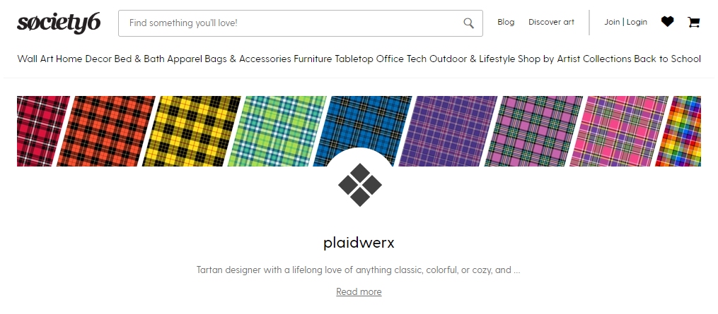 Screenshot of the Plaidwerx shop at Society6