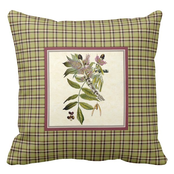 Ash blossoms with light green rustic plaid pillow
