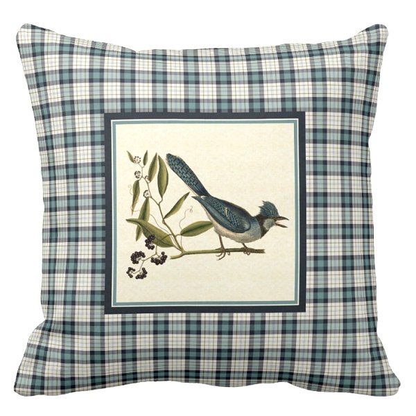 Blue jay with turquoise and navy blue rustic plaid pillow