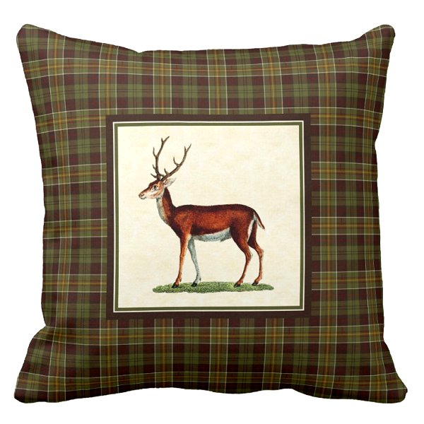 Deer with moss green and brown plaid pillow
