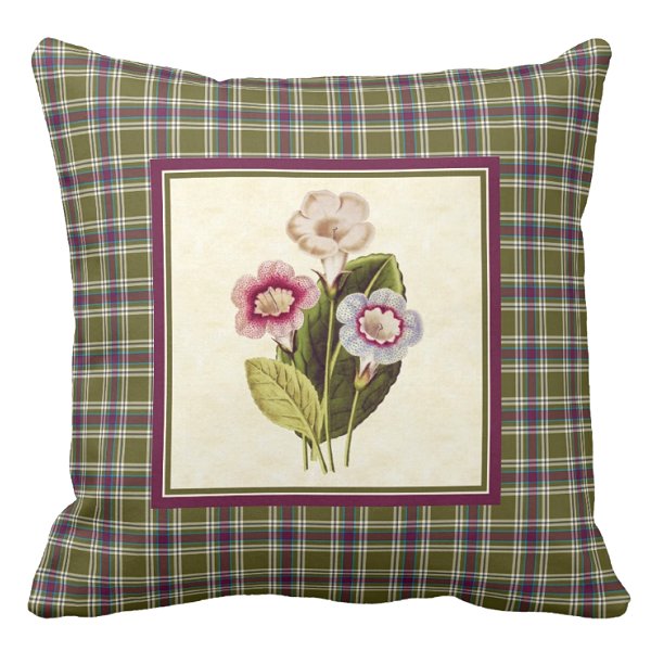Gloxinia with moss green plaid pillow