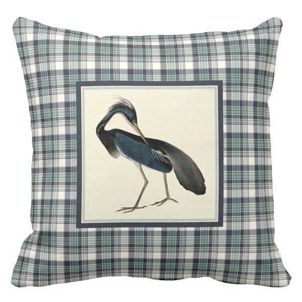 Blue heron with navy and seafoam plaid pillow