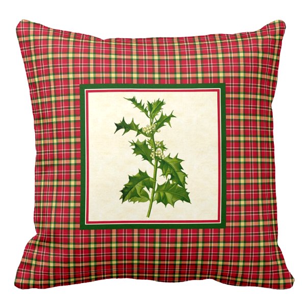 Holly with colorful Christmas plaid pillow
