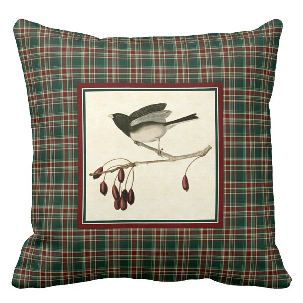 Junco with dark green Christmas plaid pillow