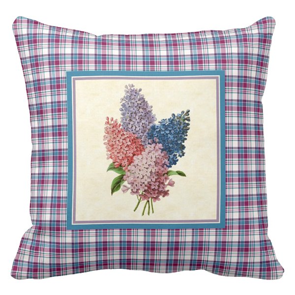 Lilacs with magenta and turquoise plaid pillow