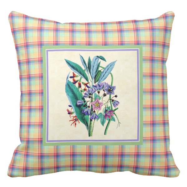 Nightshade flowers with pastel plaid throw pillow