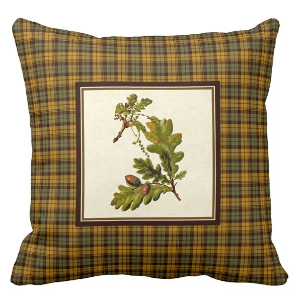 Oak leaves with gold and dark green plaid pillow