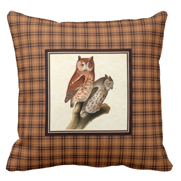 Owls with rustic orange and brown plaid pillow