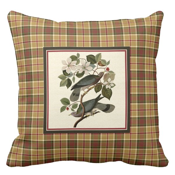 Pigeon with gold plaid pillow