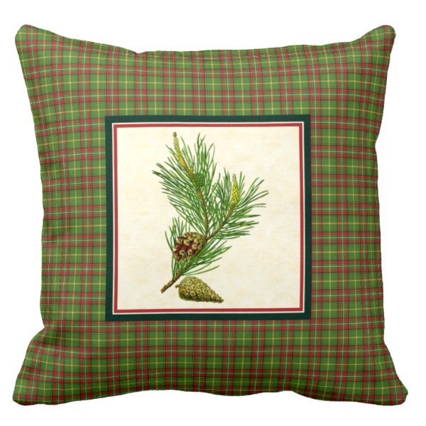 Pine cones with green Christmas plaid pillow