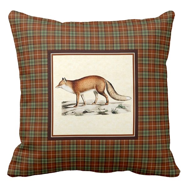 Fox with rustic red and green plaid pillow