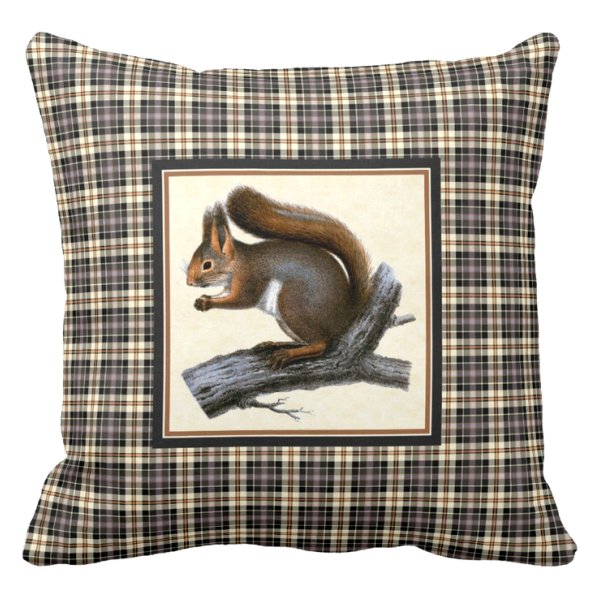 Squirrel with navy blue and cream rustic plaid pillow
