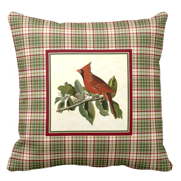 Cardinal with woodland Christmas plaid pillow