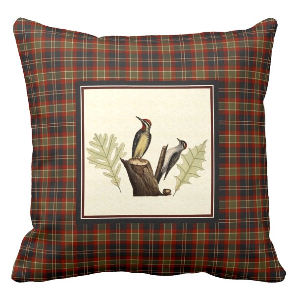 Woodpeckers with navy and red rustic plaid pillow
