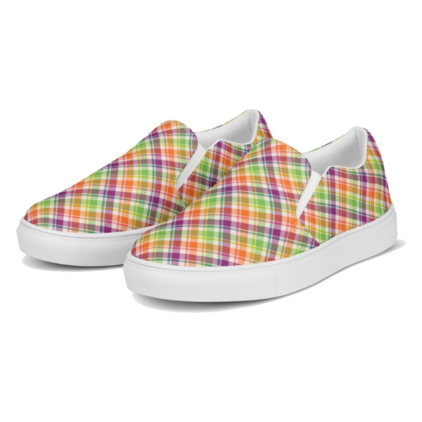 Purple, Orange, and Lime Green Plaid Slip-On Shoes