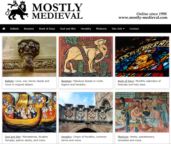 Screenshot of the home page of Mostly Medieval by Susan Wallace