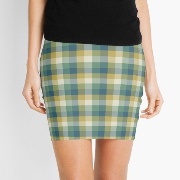 Green, blue, and yellow checkered plaid mini skirt