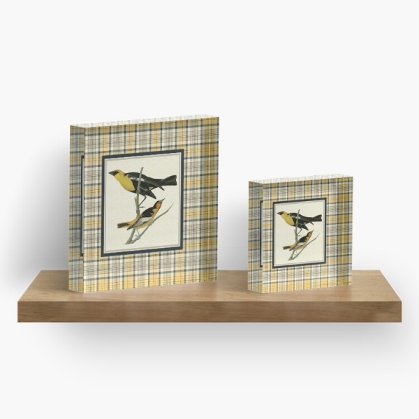 Vintage yellow birds with yellow and navy blue plaid acrylic block