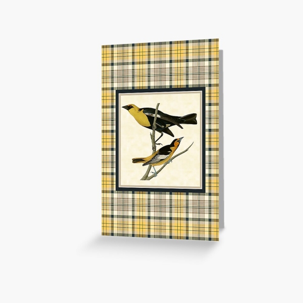 Vintage yellow birds with yellow and navy blue tartan greeting card