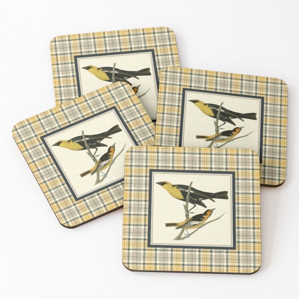 Vintage yellow birds with yellow and navy blue plaid beverage coasters