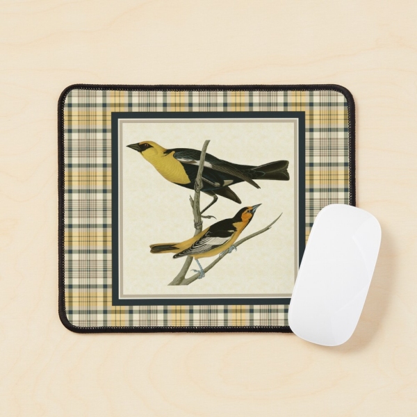 Vintage yellow birds with yellow and navy blue plaid mouse pad