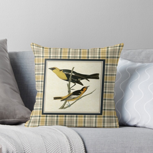 Vintage yellow birds with yellow and navy blue plaid throw pillow