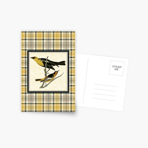 Yellow birds with yellow and navy blue plaid postcard