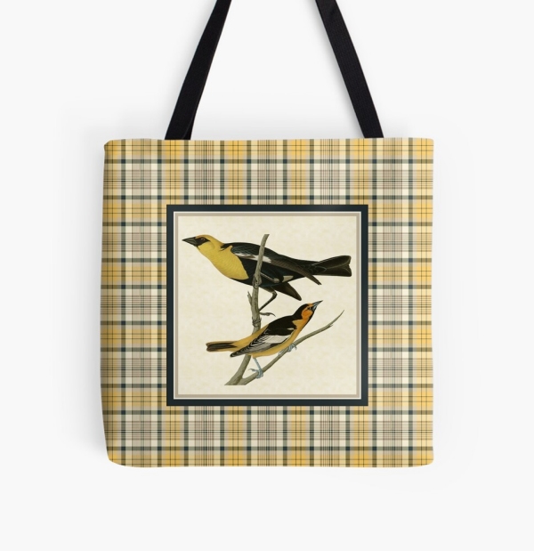 Vintage yellow birds with yellow and navy blue plaid tote bag