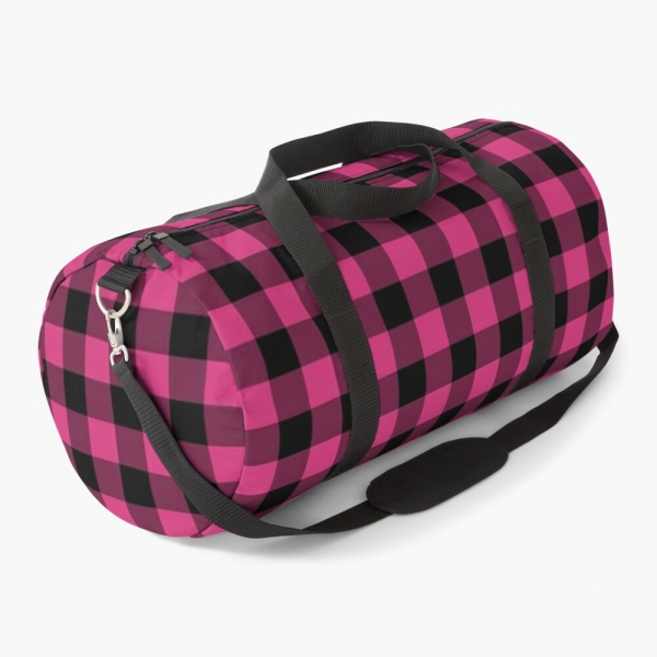 Bright pink buffalo plaid duffle bag