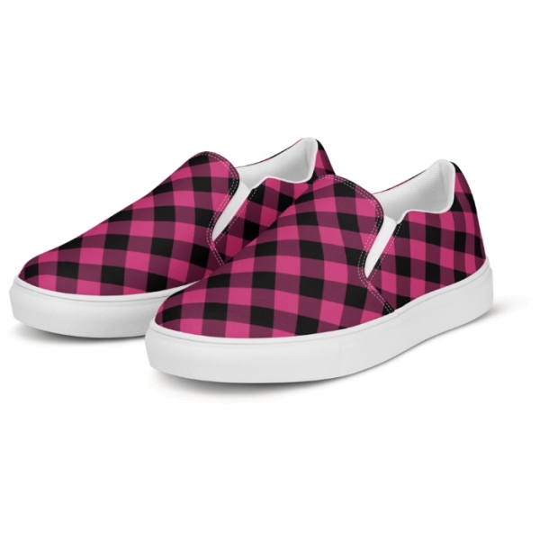 Bright pink buffalo plaid men's slip-on shoes