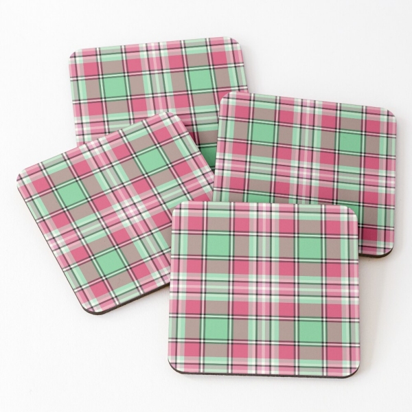Mint green and pink plaid beverage coasters