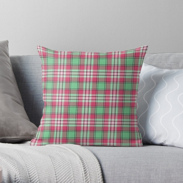 Mint green and pink plaid throw pillow