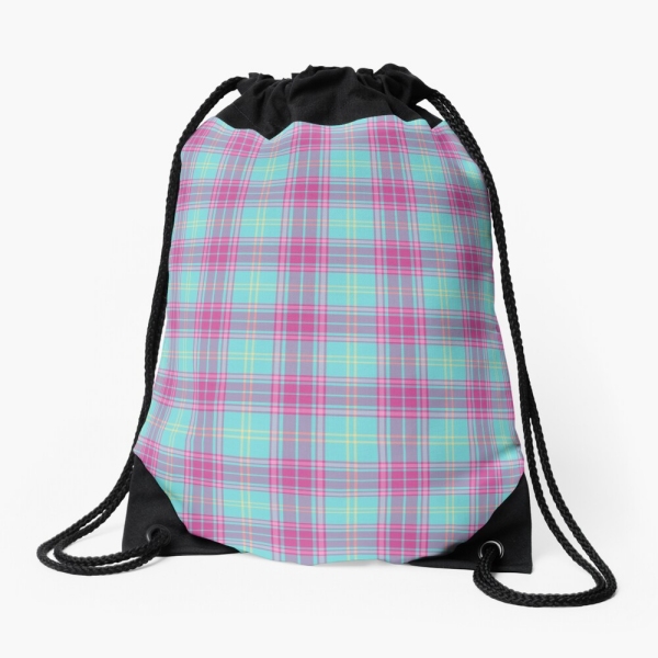 Hot pink and aqua plaid drawstring bag