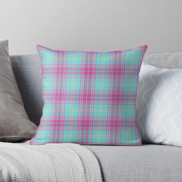 Hot pink and aqua plaid throw pillow