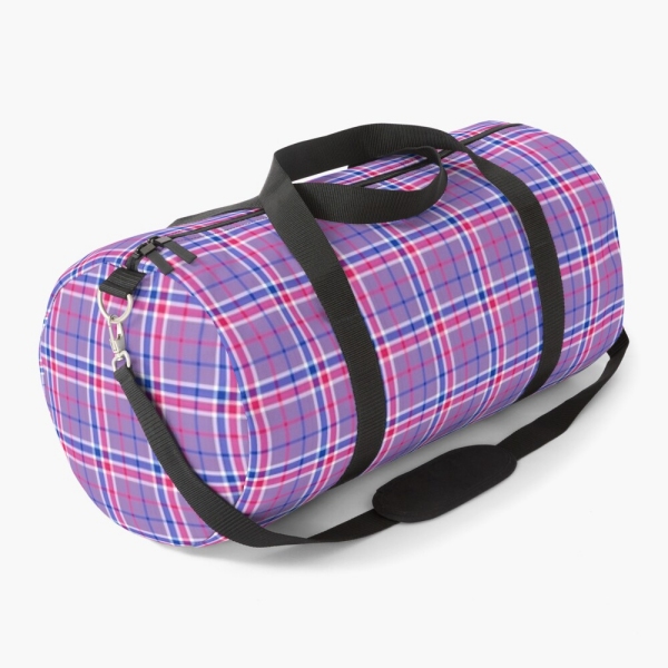 Lavender, magenta, and blue plaid duffle bag