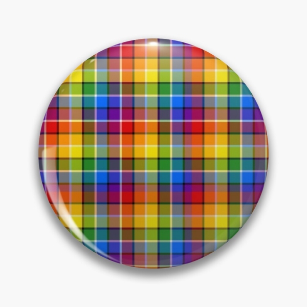 Bright rainbow plaid pinback button