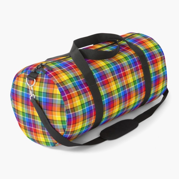 Bright rainbow plaid duffle bag