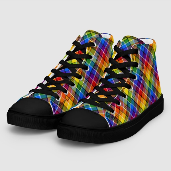 Bright rainbow plaid men's black hightop shoes