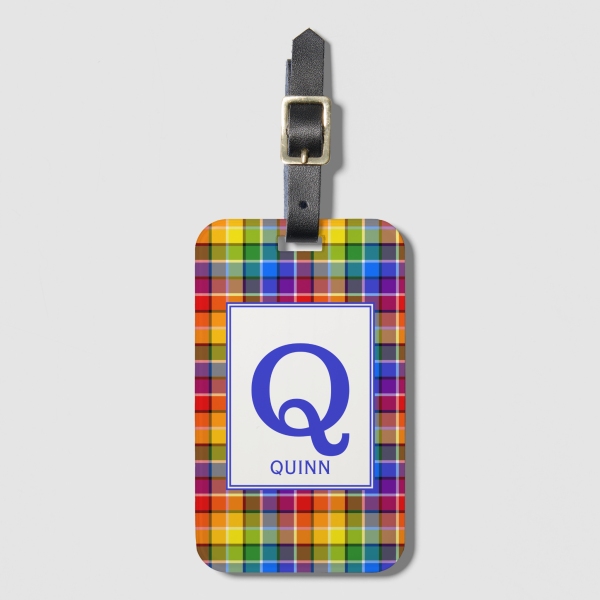 Bright rainbow plaid luggage tag