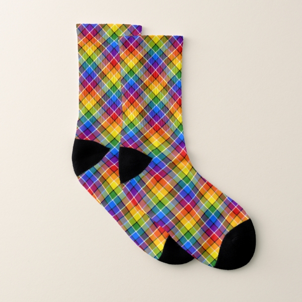 Bright rainbow plaid socks