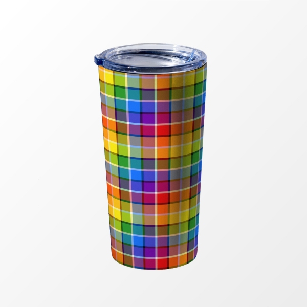 Bright rainbow plaid travel mug