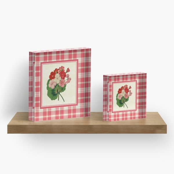 Coral pink plaid with vintage geraniums acrylic block