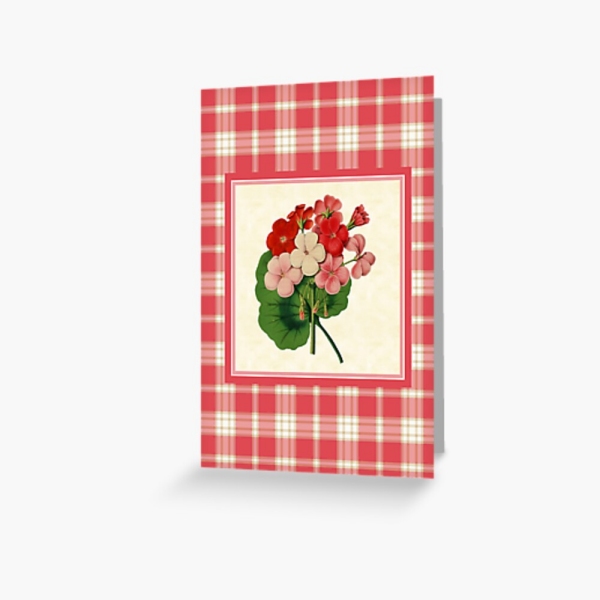 Coral pink plaid with vintage geraniums greeting card