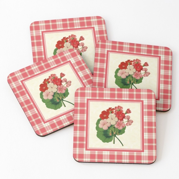 Coral pink plaid with vintage geraniums beverage coasters