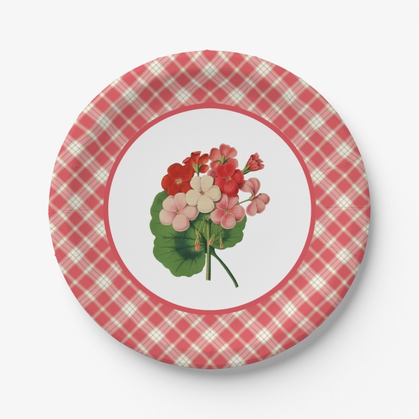 Coral pink plaid with vintage geraniums paper plate