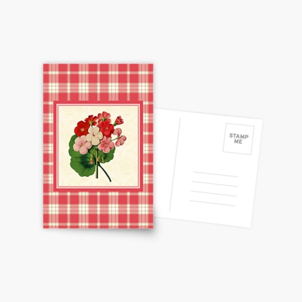 Coral pink plaid with vintage geraniums postcard