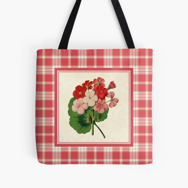 Coral pink plaid with vintage geraniums tote bag