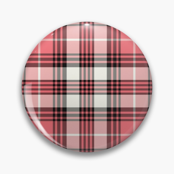 Coral pink, black, and white plaid pinback button