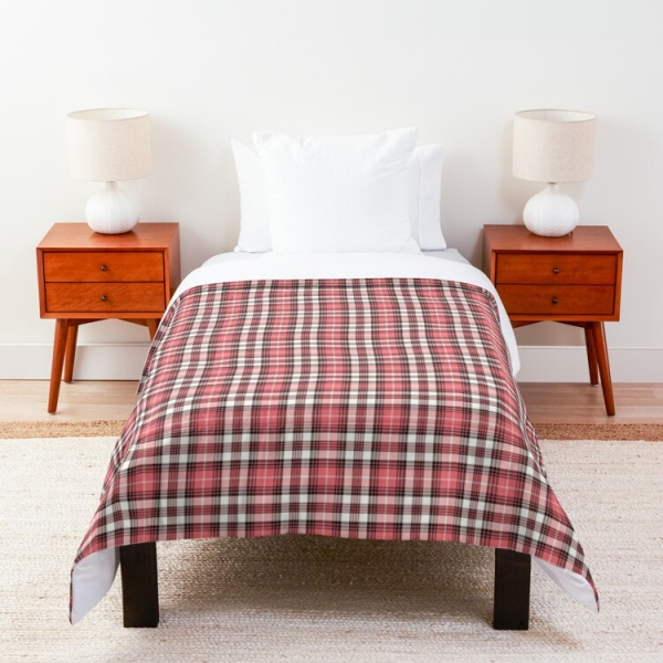 Coral pink, black, and white plaid comforter